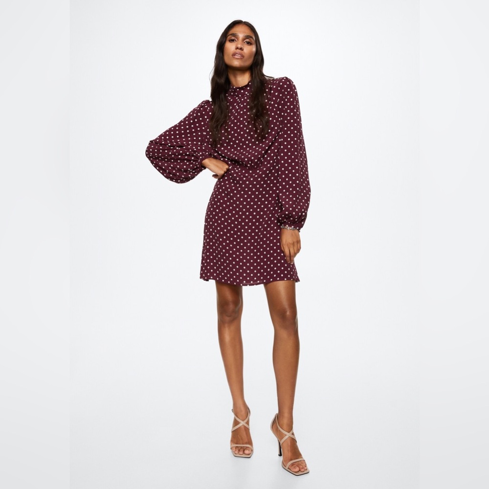 MANGO Polka Dot Long Sleeve Dress - Burgundy size S